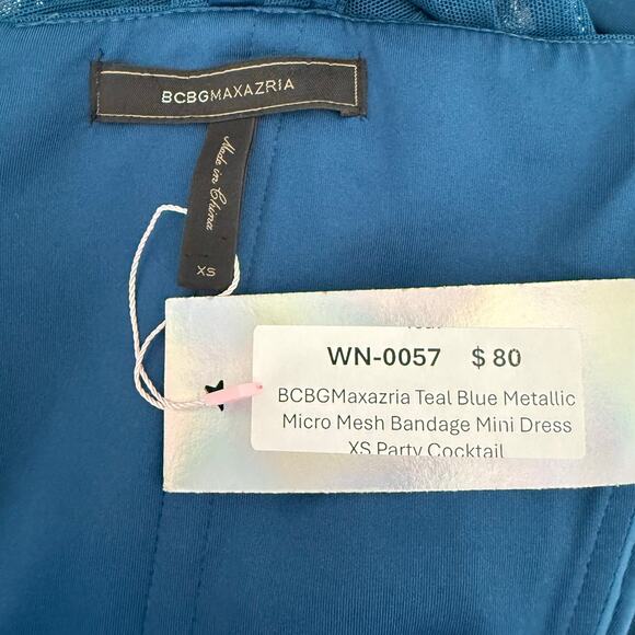 BCBGMaxazria Teal Blue Metallic Micro Mesh Bandage Mini Dress XS Party Cocktail - Picture 6 of 6